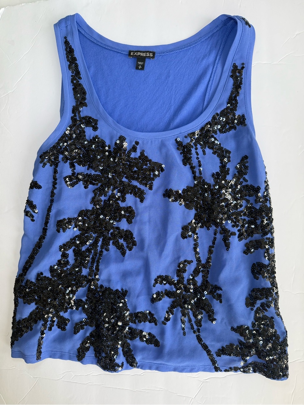Express blue tank top with black sequin palm tree design, size S